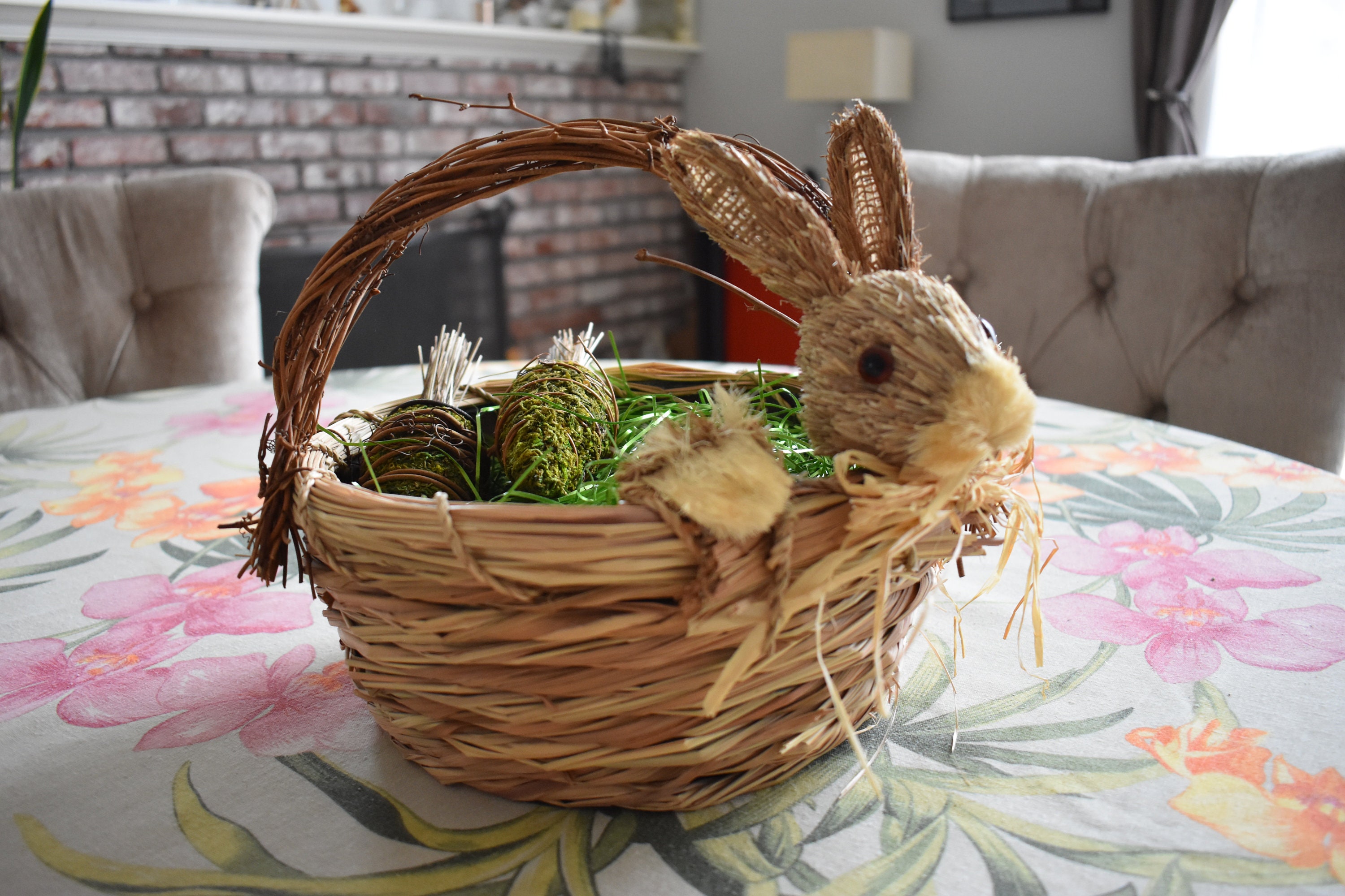 Handmade Rabbit Bunny Easter Basket with Carrots, Bunny Rabbit Home Decor, Bunny Decor, Bunny