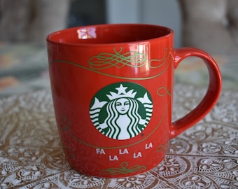 Starbucks Cocoa Mug 12oz Holiday Christmas Hot Chocolate Fa La La La Red Retired Starbucks Coffee Tea Mug, Starbucks Label, Starbucks