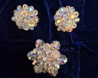 Vintage Brooch and Clip Earrings 3 Piece Set, Crystal Aurora Borealis, 1950-60's, Clear, Pin, Mid Century, Silver Color, Snowflakes, Cluster
