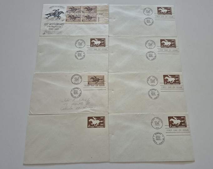 Lot of 8 Vintage 1960 The Pony Express Stamp 100th Anniversary First Day Covers, Vintage Stamps, United States Stamps, Stamps