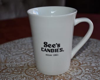 See's Candies Candy Coffee Tea Mug Cup Black White Happiness by the bite Ceramic Coffee / Tea Mug Cup, Office Coffee Mug, Ceramic Coffee Mug