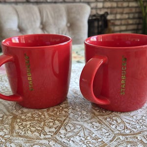 STARBUCKS 14 Ounce Red Gold Coffee Cups Mugs lot of 2, Retired Starbucks Retro Coffee Mug, Starbucks Label, Starbucks, Mermaid