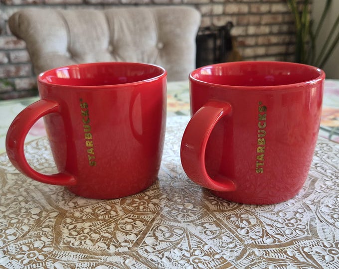 STARBUCKS 14 Ounce Red Gold Coffee Cups Mugs lot of 2, Retired Starbucks Retro Coffee Mug, Starbucks Label, Starbucks, Mermaid