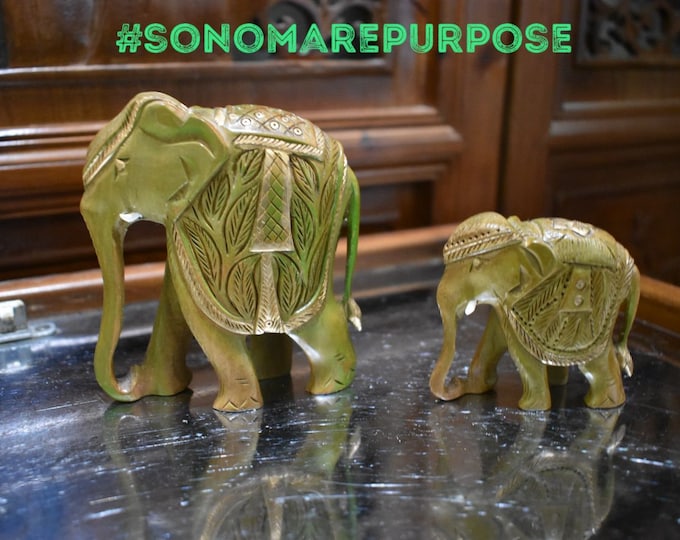 Lot of 2 Detailed Hand Carved Painted Wooden Green Elephants Unknown Artist,Green Elephant Decor 1970's Hand Made Souvenirs,Elephant Carving