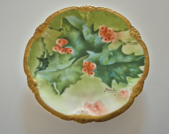 Antique Coronet Limoges Hand-painted Porcelain Plate, Roses Heavy Gold Trim Scalloped Plate, 1906-1920 Artist Signed Baralhe, 6.5" Round