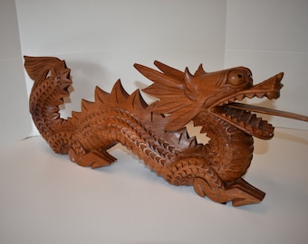 Chinese Art Vintage Hand Carved Wooden Dragon Sculpture, 28" Long, Unknown Artist, Chinese Dragon, Asian Style Dragon, Year of the Dragon