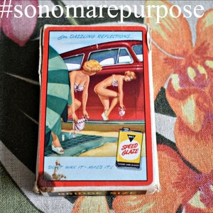 May include: A vintage box of playing cards featuring a red car and two women in swimsuits. The box has the text "For Dazzling Reflections... Don't Wax It -  MAKES IT!" and "Speed Glaze" on it. The box is labeled "Bridge Size".