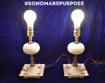 2 Vintage 1950's White Milk Glass Hobnail Night Table Lamps, Hobnail Lamp, Vintage 1950/60's, White Table Lamp/Night Light, Milk Glass Lamps