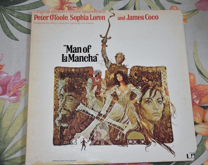 Vintage 1972 Man Of La Mancha (Original Motion Picture Soundtrack) Vinyl Record, UAS-9906, Sophia Loren, Peter O'Toole, James Coco