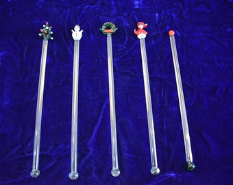 Vintage Hand Made Glass Christmas, Santa Claus, Snowman Swizzle Sticks, Lot of 4, Vintage Swizzle Sticks, Tiki, Tiki Time, Tiki Party