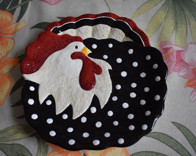 Vintage FITZ & FLOYD Embossed Rooster / Chicken Ceramic Plate 8.50" Essentials Rise and Shine, Polka Dots, Farm House Decor, Country Kitchen