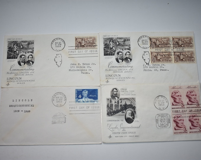 Lot of 4 Vintage 1959 Abraham Lincoln First Day Cover FDC Lincoln Sesquicentennial