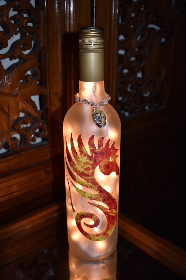 Tiki Bar White Lights Seahorse Flaming Seahorse Frosted Wine Bottle Light with Vintage Sea Shell topper Tiki Bar Light Man Cave Light
