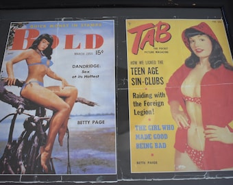 Vintage 1990's Replica Calendar Magazine Covers of Bettie Page Pin Up Model, Bettie Page Replica Vintage Magazine Covers Wood Framed/Glass