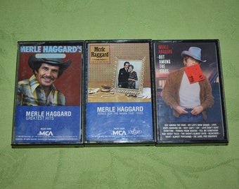 Vintage lot of 3 Merle Haggard Country Music Cassette Tapes, Greatest Hits, Out amongst the Stars, Songs for the Mama that Tried
