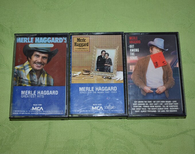Vintage lot of 3 Merle Haggard Country Music Cassette Tapes, Greatest Hits, Out amongst the Stars, Songs for the Mama that Tried