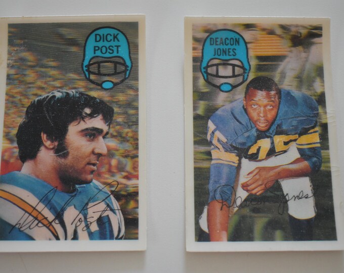 Lot of 2 Vintage 1970 Kellogg’s 3-D Superstars Deacon Jones Rams & Dick Post Chargers Football Cards, National Football League, Trading Card