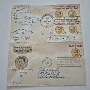 Lot of 2 Vintage 1957 50th Anniversary of the Birth of Ramon Magsaysay Stamp First Day Covers, Vintage Stamps, United States Stamps, Stamps