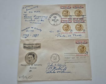 Lot of 2 Vintage 1957 50th Anniversary of the Birth of Ramon Magsaysay Stamp First Day Covers, Vintage Stamps, United States Stamps, Stamps