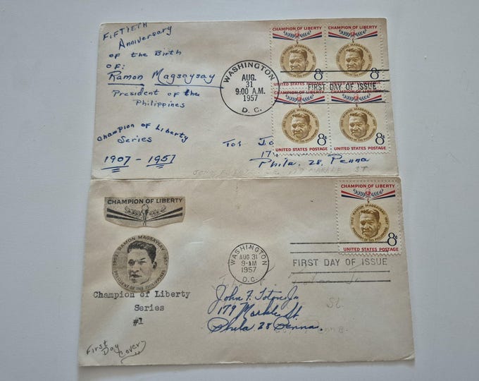 Lot of 2 Vintage 1957 50th Anniversary of the Birth of Ramon Magsaysay Stamp First Day Covers, Vintage Stamps, United States Stamps, Stamps