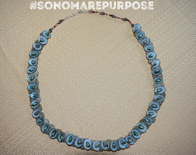 Vintage Polynesian Blue Brown Sea Shell Necklace 24", Vintage Handmade Necklace, Tiki Necklace,Shell Necklace, Vintage Sea Shell Necklace