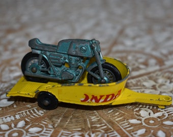 Vintage 1960s Matchbox Lesney No 38 Blue Honda Motorcycle with Yellow Trailer Made in England No Box, Lesney Match Box Collectible Car