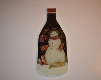 Susan Winget Christmas Snowman & Friends Flat Glass Bottle Cheese Plate,Christmas Time,Christmas Decorations,Snowman Fox Rabbit Cheese Plate