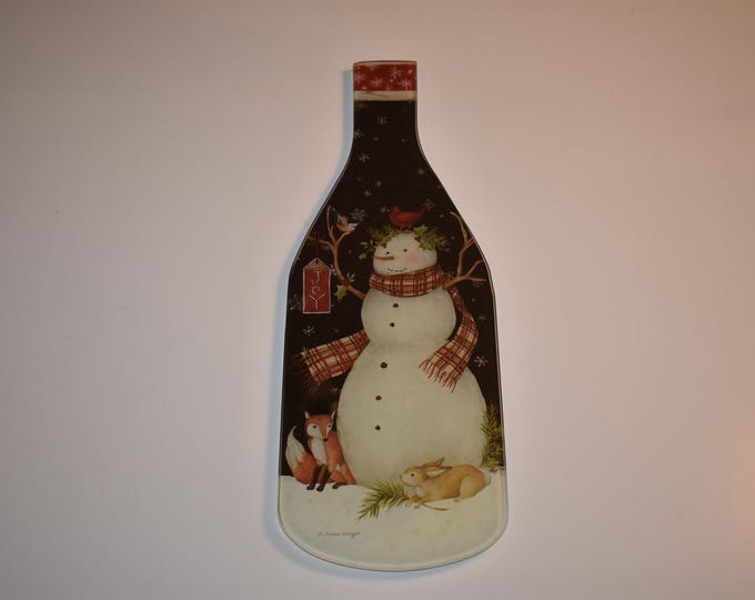 Susan Winget Christmas Snowman & Friends Flat Glass Bottle Cheese Plate,Christmas Time,Christmas Decorations,Snowman Fox Rabbit Cheese Plate