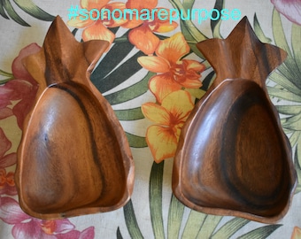 Vintage Monkey Pod Wood Pineapple Bowl Serving Dish, Made in Hawaii, Chip & Dip, Acacia Woods, Vintage Hand Made Wooden Bowl, Snack Bowl