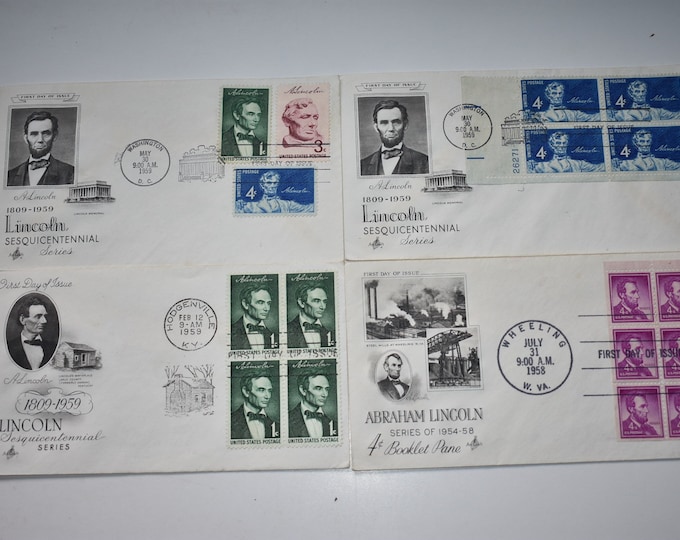 Lot of 4 Vintage 1959 Abraham Lincoln First Day Cover FDC Lincoln Sesquicentennial