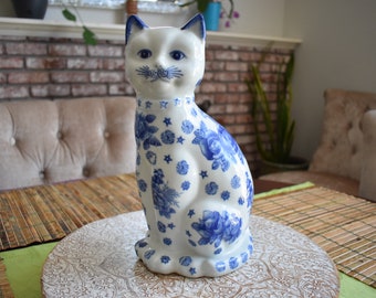 Vintage Delft Blue Style Ceramic Unbranded Cat/Kitten Floral/Flower Design Figurine, Mid century Modern Collectible Figurines,Cat Decoration