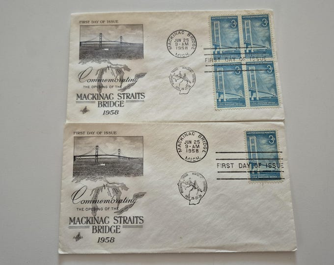 Lot of 2 Vintage 1958 Mackinac Straits Bridge Michigan Stamp First Day Covers, Vintage Stamps, United States Stamps, Stamps