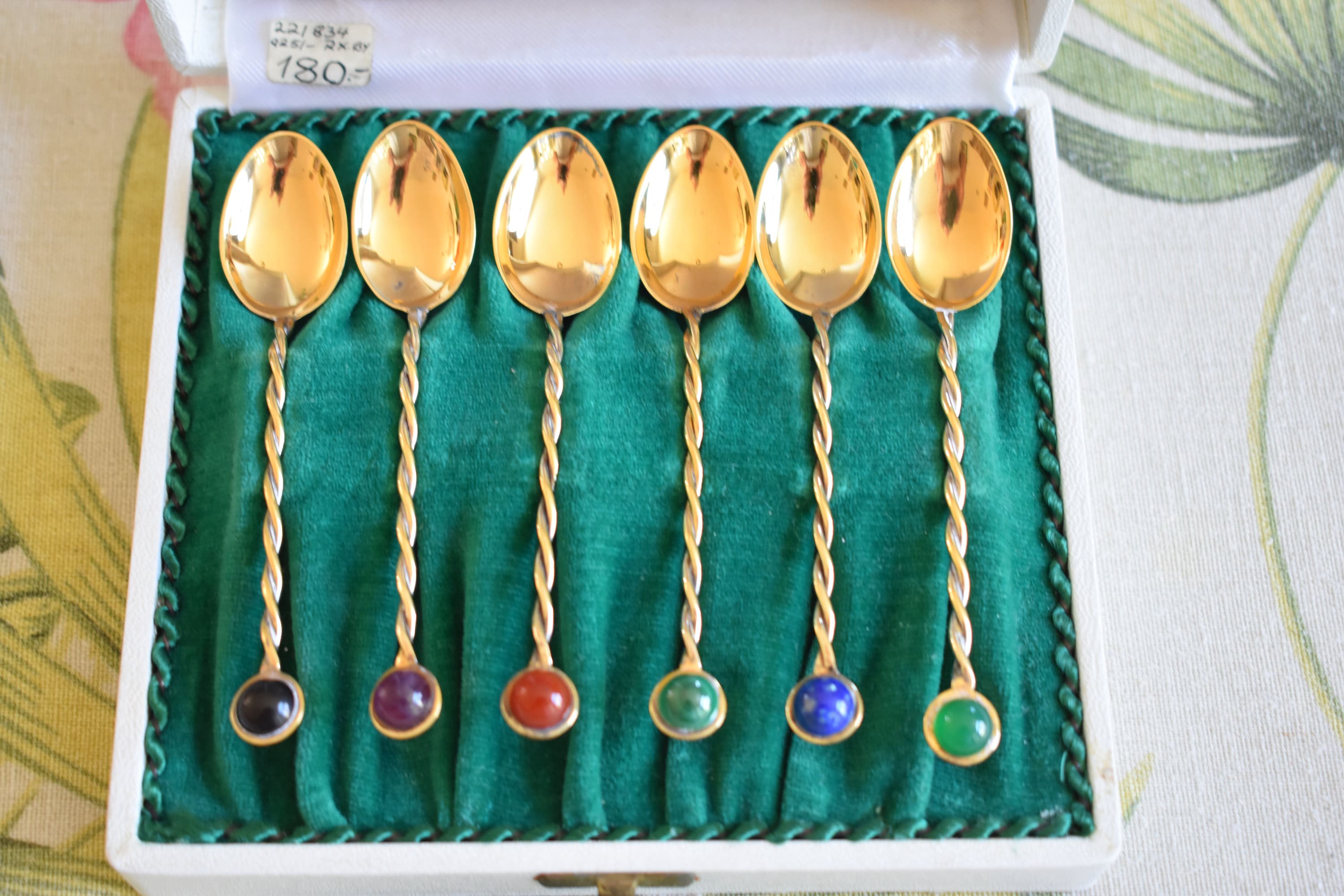 Set of 6 Vintage .925 Sterling Gold Plated Tea Spoons with Gem Stones