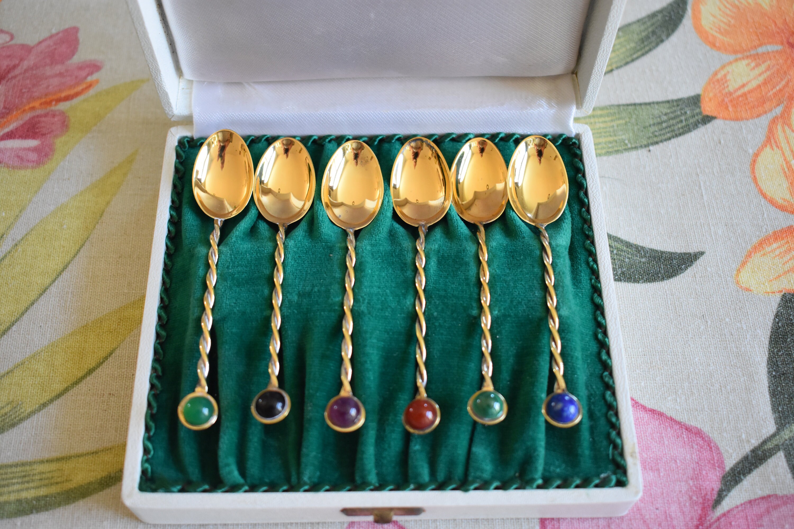 Set of 6 Vintage .925 Sterling Gold Plated Tea Spoons with Gem Stones/Case, Spoon Collector