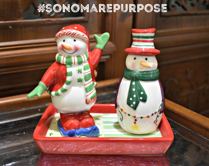 Ganz Christmas Snowman Salt pepper shaker with tray 3 pc set, Salt & Pepper, Ganz Christmas Salt and Pepper Shakers, Snowman Decorations