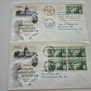 Lot of 2 Vintage 1958 100th Anniversary of Minnesota Statehood Stamp First Day Covers, Vintage Stamps, United States Stamps, Stamps
