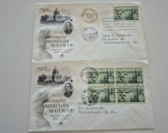 Lot of 2 Vintage 1958 100th Anniversary of Minnesota Statehood Stamp First Day Covers, Vintage Stamps, United States Stamps, Stamps