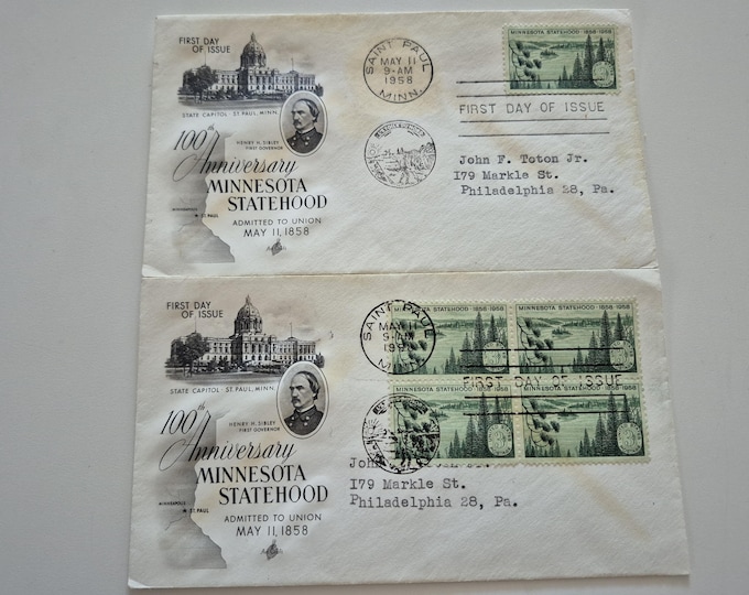 Lot of 2 Vintage 1958 100th Anniversary of Minnesota Statehood Stamp First Day Covers, Vintage Stamps, United States Stamps, Stamps
