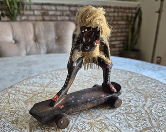Vintage 1980's Hand Carved Skateboard Tiki God, Mid Century Tiki, Hawaiian Tiki God, Hawaiian Decor, Tiki Decor, Tiki Wood Carvin