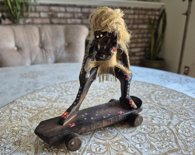 Vintage 1980's Hand Carved Skateboard Tiki God, Mid Century Tiki, Hawaiian Tiki God, Hawaiian Decor, Tiki Decor, Tiki Wood Carvin
