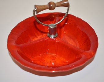 Vintage 1960's Orange Design California Pottery for Lazy Susan Nut Chip Dip Bowl MCM, Pottery Relish Bowl, Condiment Split Compartment Bowl