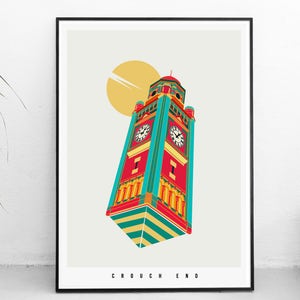 The Crouch End Clock Tower Illustrated poster print Giclee Art Prints Housewarming Gifts Gifts for architects Prints of London image 3