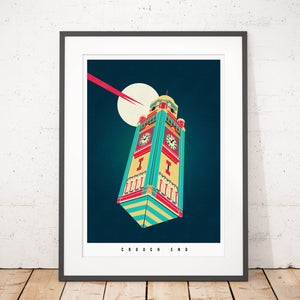 The Crouch End Clock Tower Illustrated poster print Giclee Art Prints Housewarming Gifts Gifts for architects Prints of London image 1