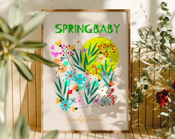 Personalised Nursery Print, Spring Baby Botanical Floral Print, Newborn Baby Toddler Occasion Gift, Nursery Decor, Custom Name Prints baby