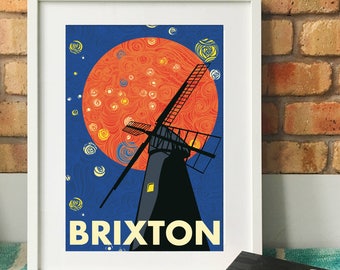El molino de viento de Brixton. Póster de impresión de arte ilustrado. Impresiones de arte mate y giclée en tamaños A3 A2. Arte de pared, decoración del hogar. Estampas de Londres