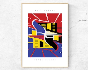 May include: A colorful abstract illustration of the Tate Modern museum in London, England. The illustration is in a geometric style with red, yellow, blue, and black colors. The text "TATE MODERN" and "SWITCH HOUSE" are visible at the top and bottom of the illustration.