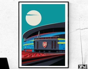 Lámina del Emirates Stadium del Arsenal FC. Arsenal Under the Moon, Arsenal FC, láminas artísticas de Londres: regalos para fanáticos del fútbol, Gunners, regalos para él