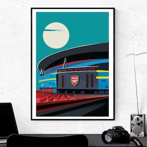 Lámina del Emirates Stadium del Arsenal FC. Arsenal Under the Moon, Arsenal FC, láminas artísticas de Londres: regalos para fanáticos del fútbol, Gunners, regalos para él