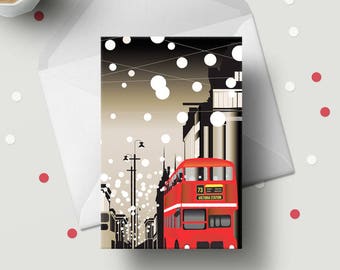 Oxford Street Snow Lights Greeting Card. A6 size and Free UK shipping. Housewarming Cards, Birthday Cards, London Greeting Cards