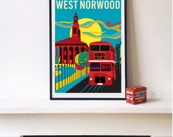 West Norwood London Illustrated Art Print, Fine Art Giclee Prints in A3 or A2 sizes. Wall Art, Home Decor, Art Prints of London